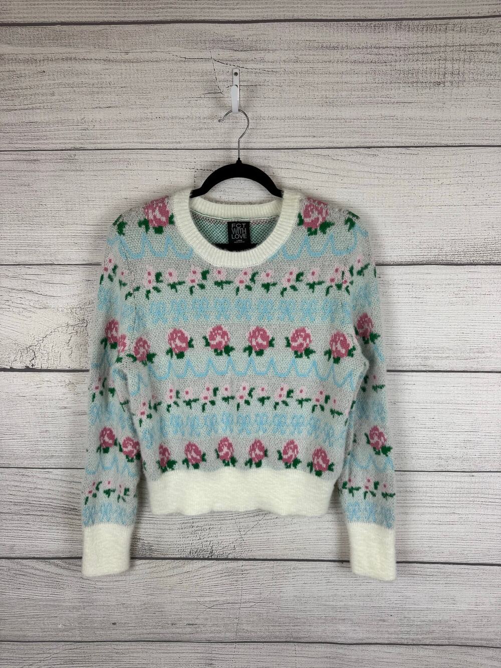 FCT With Love Women's Cream Blue Pink Floral Fuzzy Bow Crop Sweater Size Large